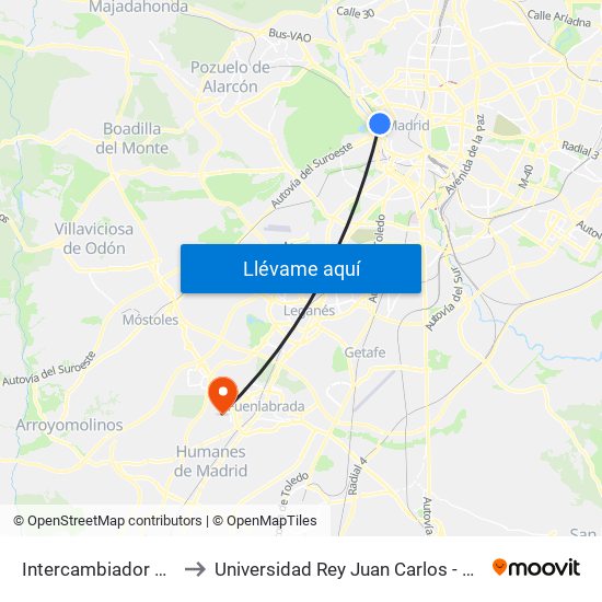 Intercambiador De Príncipe Pío to Universidad Rey Juan Carlos - Campus De Fuenlabrada map