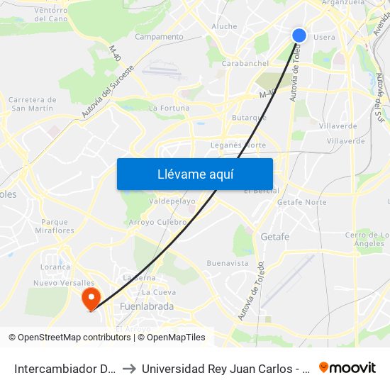 Intercambiador De Plaza Elíptica to Universidad Rey Juan Carlos - Campus De Fuenlabrada map