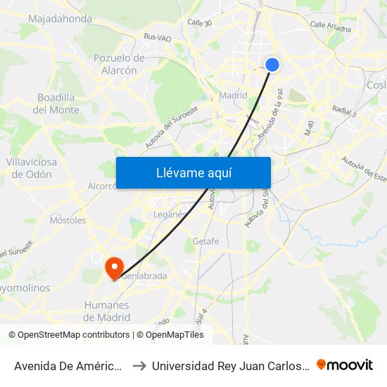 Avenida De América - Parque Avenidas to Universidad Rey Juan Carlos - Campus De Fuenlabrada map