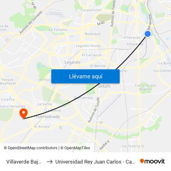 Villaverde Bajo Cercanías to Universidad Rey Juan Carlos - Campus De Fuenlabrada map