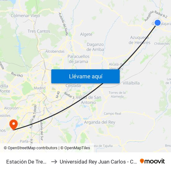 Estación De Tren, Guadalajara to Universidad Rey Juan Carlos - Campus De Fuenlabrada map