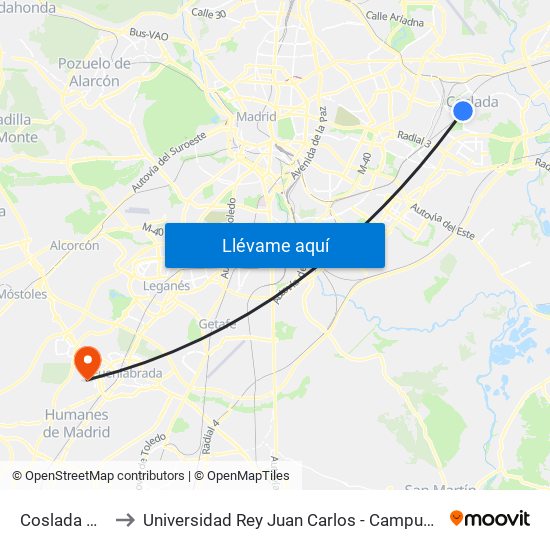 Coslada Central to Universidad Rey Juan Carlos - Campus De Fuenlabrada map
