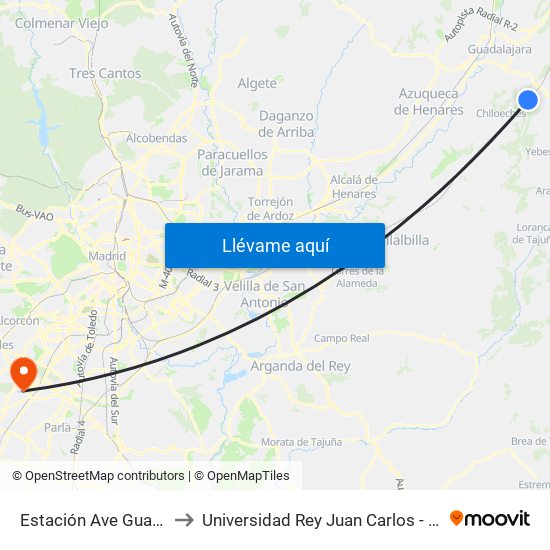Estación Ave Guadalajara - Yebes to Universidad Rey Juan Carlos - Campus De Fuenlabrada map