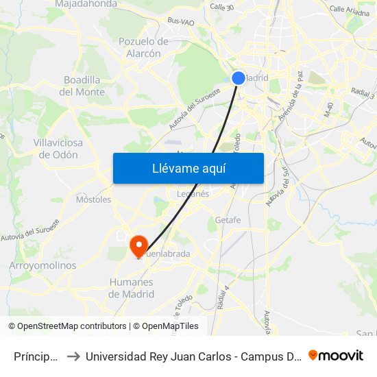 Príncipe Pío to Universidad Rey Juan Carlos - Campus De Fuenlabrada map