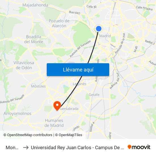 Moncloa to Universidad Rey Juan Carlos - Campus De Fuenlabrada map