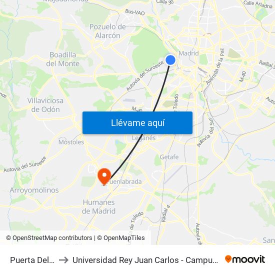 Puerta Del Ángel to Universidad Rey Juan Carlos - Campus De Fuenlabrada map