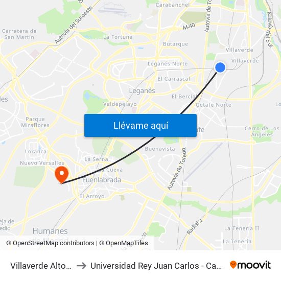 Villaverde Alto Cercanías to Universidad Rey Juan Carlos - Campus De Fuenlabrada map