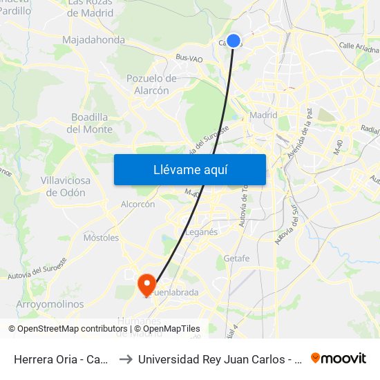 Herrera Oria - Camino Fuencarral to Universidad Rey Juan Carlos - Campus De Fuenlabrada map