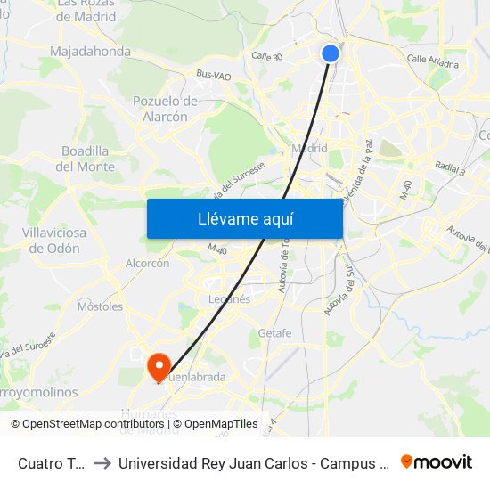 Cuatro Torres to Universidad Rey Juan Carlos - Campus De Fuenlabrada map