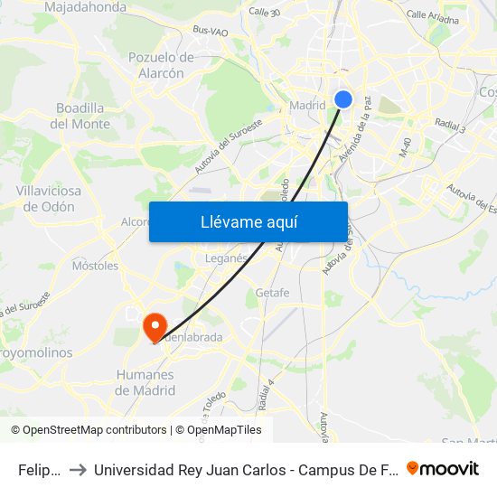 Felipe II to Universidad Rey Juan Carlos - Campus De Fuenlabrada map