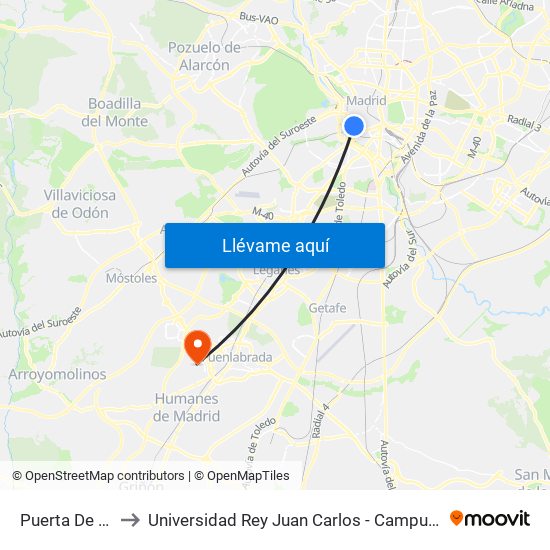 Puerta De Toledo to Universidad Rey Juan Carlos - Campus De Fuenlabrada map
