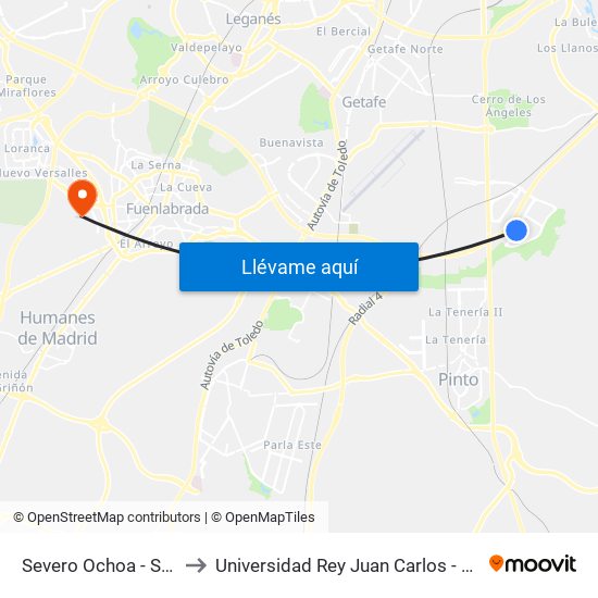 Severo Ochoa - Supermercados to Universidad Rey Juan Carlos - Campus De Fuenlabrada map
