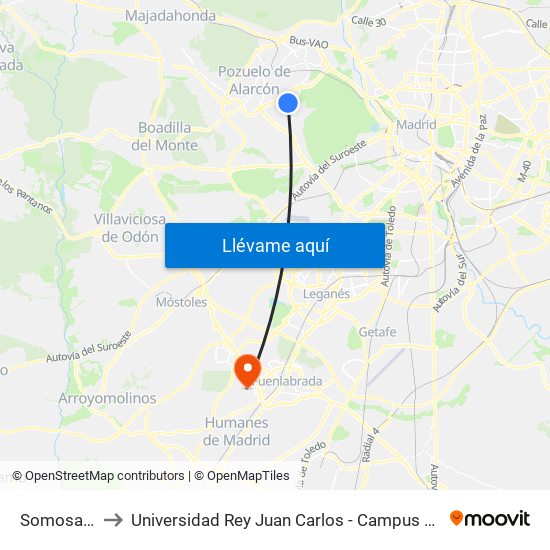 Somosaguas to Universidad Rey Juan Carlos - Campus De Fuenlabrada map