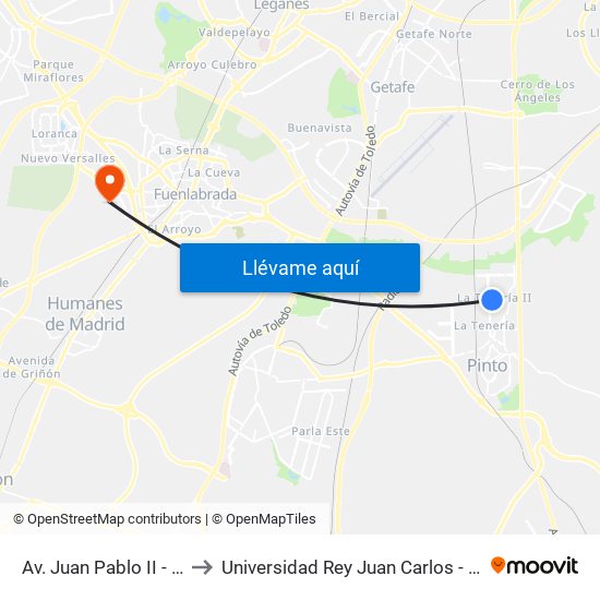 Av. Juan Pablo II - Manuel De Falla to Universidad Rey Juan Carlos - Campus De Fuenlabrada map