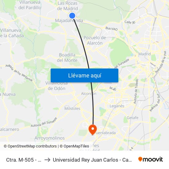 Ctra. M-505 - Cerezales to Universidad Rey Juan Carlos - Campus De Fuenlabrada map