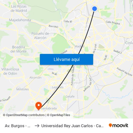 Av. Burgos - Dominicos to Universidad Rey Juan Carlos - Campus De Fuenlabrada map