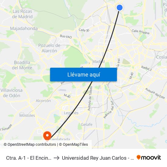 Ctra. A-1 - El Encinar De Los Reyes to Universidad Rey Juan Carlos - Campus De Fuenlabrada map