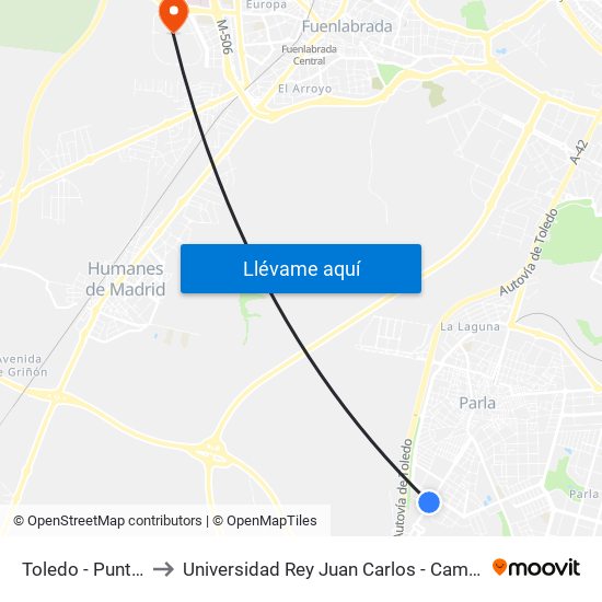 Toledo - Punto Limpio to Universidad Rey Juan Carlos - Campus De Fuenlabrada map