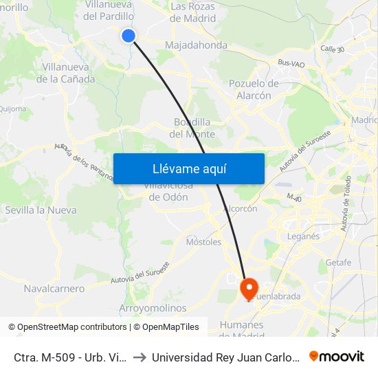 Ctra. M-509 - Urb. Villafranca Del Castillo to Universidad Rey Juan Carlos - Campus De Fuenlabrada map