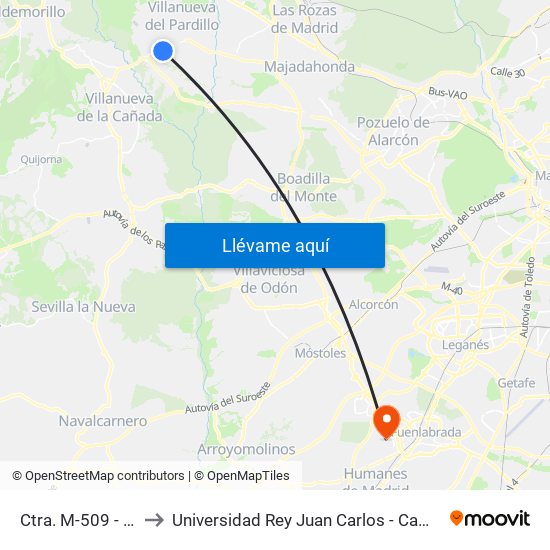 Ctra. M-509 - Los Pinos to Universidad Rey Juan Carlos - Campus De Fuenlabrada map