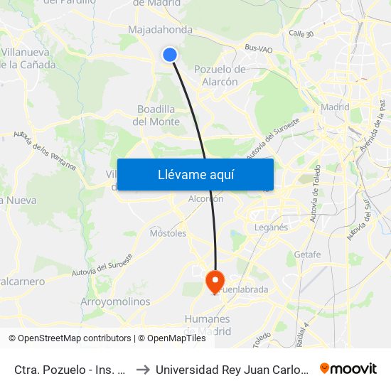 Ctra. Pozuelo - Ins. Nacional De Sanidad to Universidad Rey Juan Carlos - Campus De Fuenlabrada map