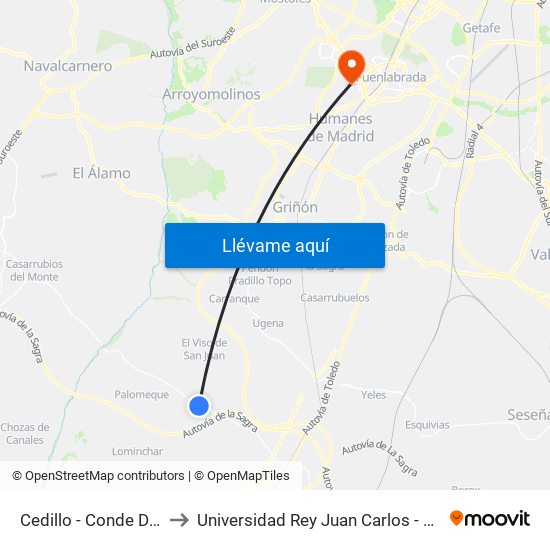 Cedillo - Conde De Cedillo Nº20 to Universidad Rey Juan Carlos - Campus De Fuenlabrada map