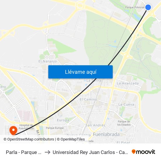Parla - Parque Polvoranca to Universidad Rey Juan Carlos - Campus De Fuenlabrada map