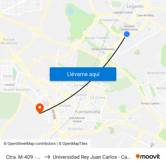 Ctra. M-409 - Los Frailes to Universidad Rey Juan Carlos - Campus De Fuenlabrada map