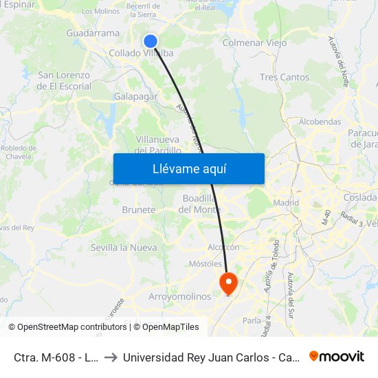 Ctra. M-608 - Los Chopos to Universidad Rey Juan Carlos - Campus De Fuenlabrada map