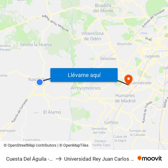 Cuesta Del Águila - Jacinto González to Universidad Rey Juan Carlos - Campus De Fuenlabrada map
