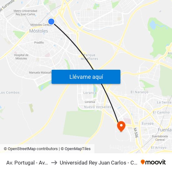 Av. Portugal - Av. Cerro Prieto to Universidad Rey Juan Carlos - Campus De Fuenlabrada map
