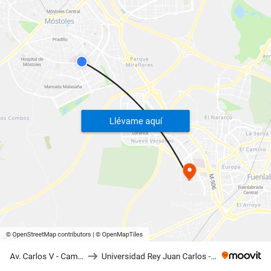 Av. Carlos V - Camino De Humanes to Universidad Rey Juan Carlos - Campus De Fuenlabrada map