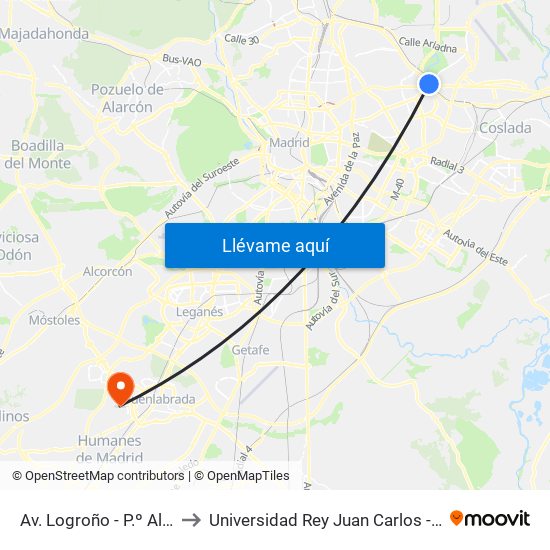 Av. Logroño - P.º Alameda De Osuna to Universidad Rey Juan Carlos - Campus De Fuenlabrada map