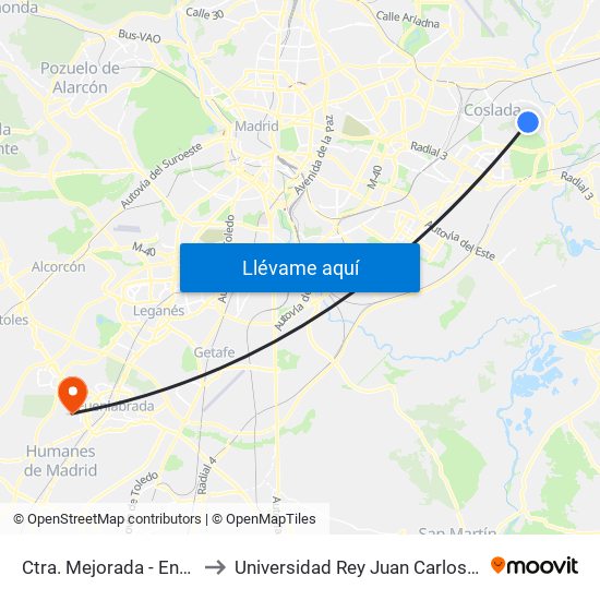 Ctra. Mejorada - Enrique Tierno Galván to Universidad Rey Juan Carlos - Campus De Fuenlabrada map