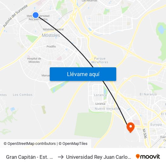 Gran Capitán - Est. Univ. Rey Juan Carlos to Universidad Rey Juan Carlos - Campus De Fuenlabrada map