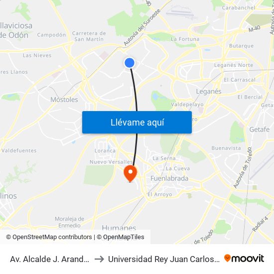 Av. Alcalde J. Aranda - Olímpica C. Puig to Universidad Rey Juan Carlos - Campus De Fuenlabrada map