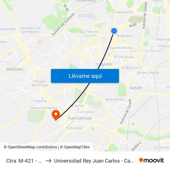Ctra. M-421 - Montejano to Universidad Rey Juan Carlos - Campus De Fuenlabrada map