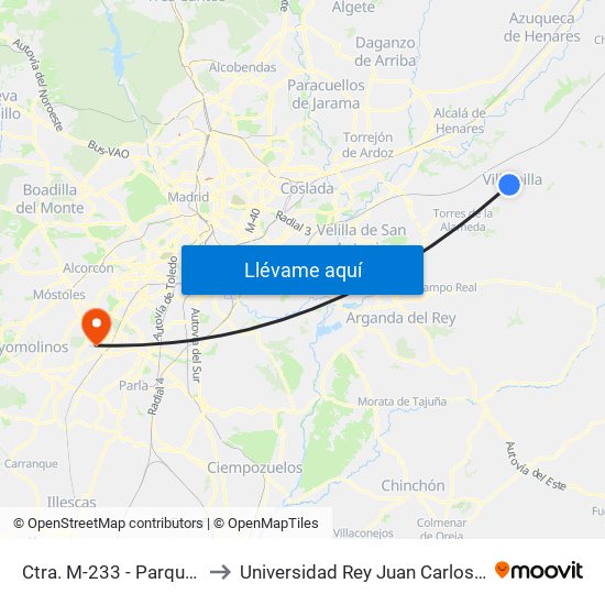 Ctra. M-233 - Parque Arroyo Del Tesoro to Universidad Rey Juan Carlos - Campus De Fuenlabrada map