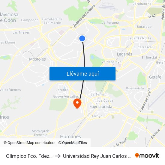 Olímpico Fco. Fdez. Ochoa - Río Tajo to Universidad Rey Juan Carlos - Campus De Fuenlabrada map