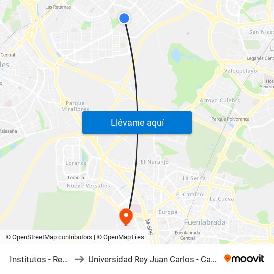 Institutos - Recinto Ferial to Universidad Rey Juan Carlos - Campus De Fuenlabrada map