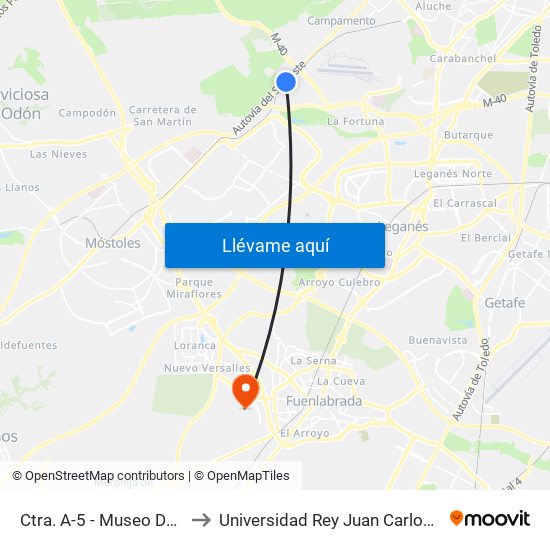 Ctra. A-5 - Museo Del Aire Y Del Espacio to Universidad Rey Juan Carlos - Campus De Fuenlabrada map