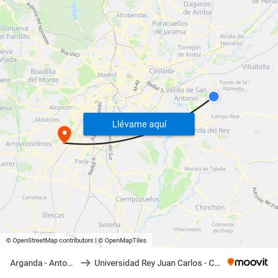 Arganda - Antonio Machado to Universidad Rey Juan Carlos - Campus De Fuenlabrada map