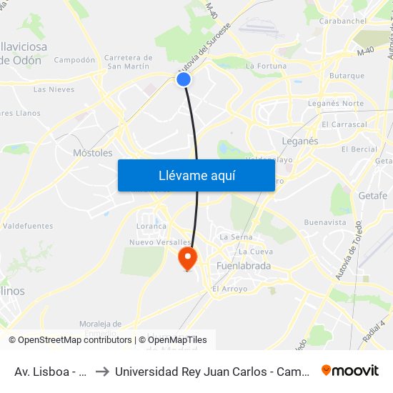 Av. Lisboa - Piscinas to Universidad Rey Juan Carlos - Campus De Fuenlabrada map