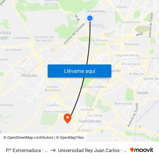 P.º Extremadura - Cuatro Vientos to Universidad Rey Juan Carlos - Campus De Fuenlabrada map