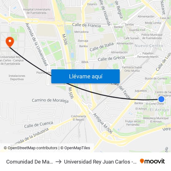 Comunidad De Madrid - Panaderas to Universidad Rey Juan Carlos - Campus De Fuenlabrada map