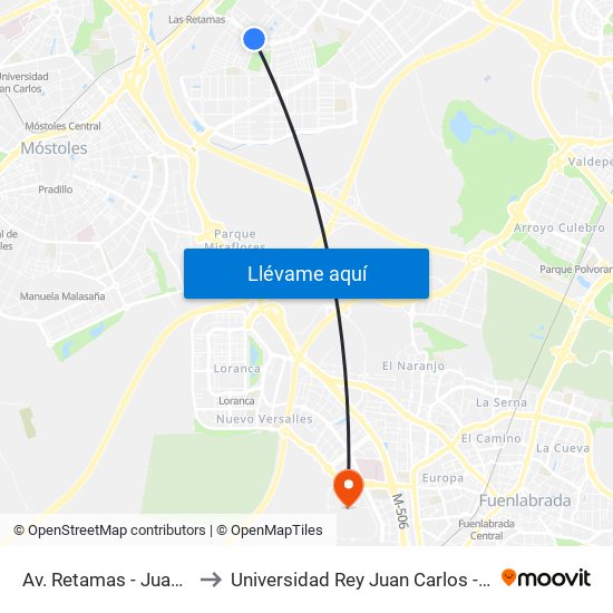 Av. Retamas - Juan Ramón Jiménez to Universidad Rey Juan Carlos - Campus De Fuenlabrada map