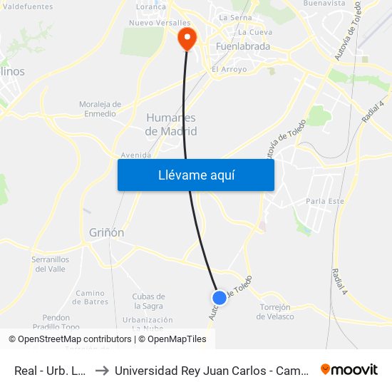 Real - Urb. Los Pinos to Universidad Rey Juan Carlos - Campus De Fuenlabrada map
