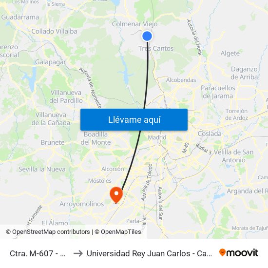 Ctra. M-607 - Depuradora to Universidad Rey Juan Carlos - Campus De Fuenlabrada map