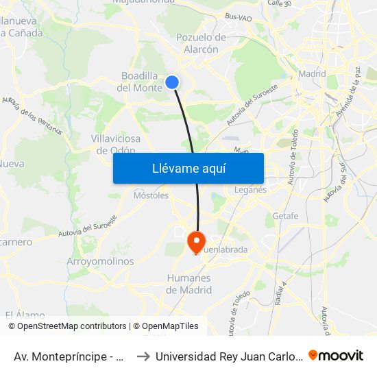 Av. Montepríncipe - Hospital Montepríncipe to Universidad Rey Juan Carlos - Campus De Fuenlabrada map