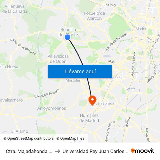 Ctra. Majadahonda - Av. Adolfo Suárez to Universidad Rey Juan Carlos - Campus De Fuenlabrada map